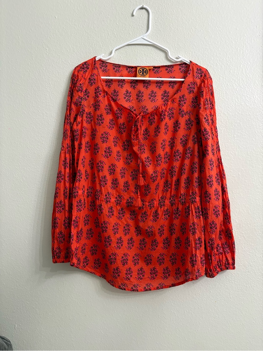 Tory Burch Bright Orange Floral Tie-Neck Blouse